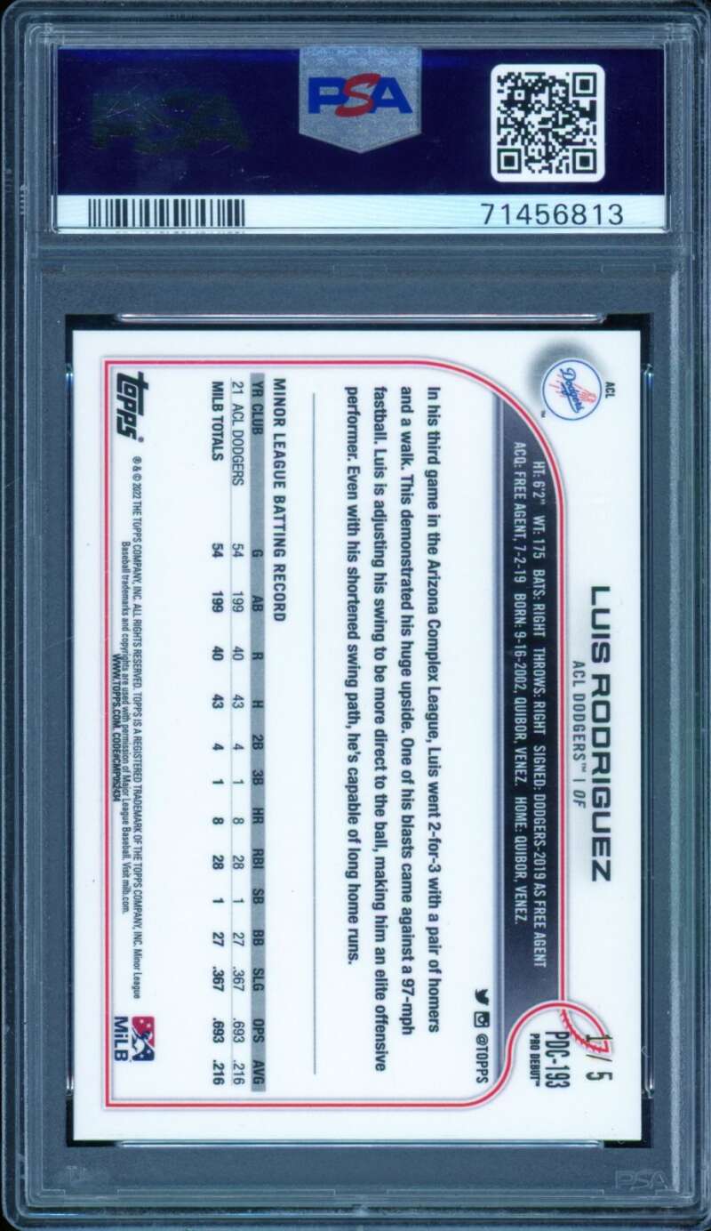 Luis Rodriguez 2022 Topps Pro Debut Chrome Red Refractor (1/5) #Pdc193 PSA 9 Image 2