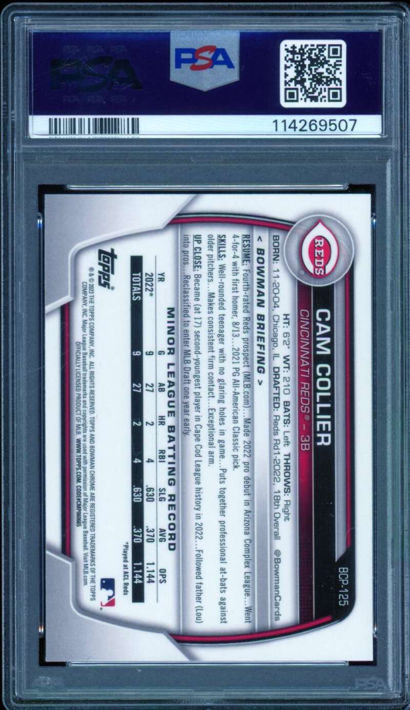 Cam Collier Rookie 2023 Bowman Chrome Prospects Atomic Refractor #BCP125 PSA 9 Image 2