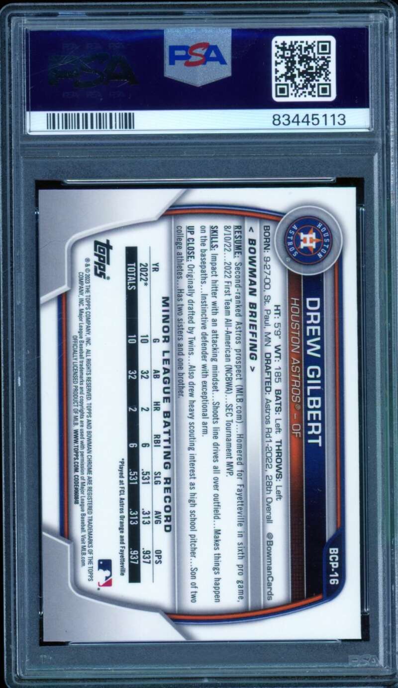 Drew Gilbert Rookie Card 2023 Bowman Sapphire Chrome Prospects #BCP16 PSA 10 Image 2