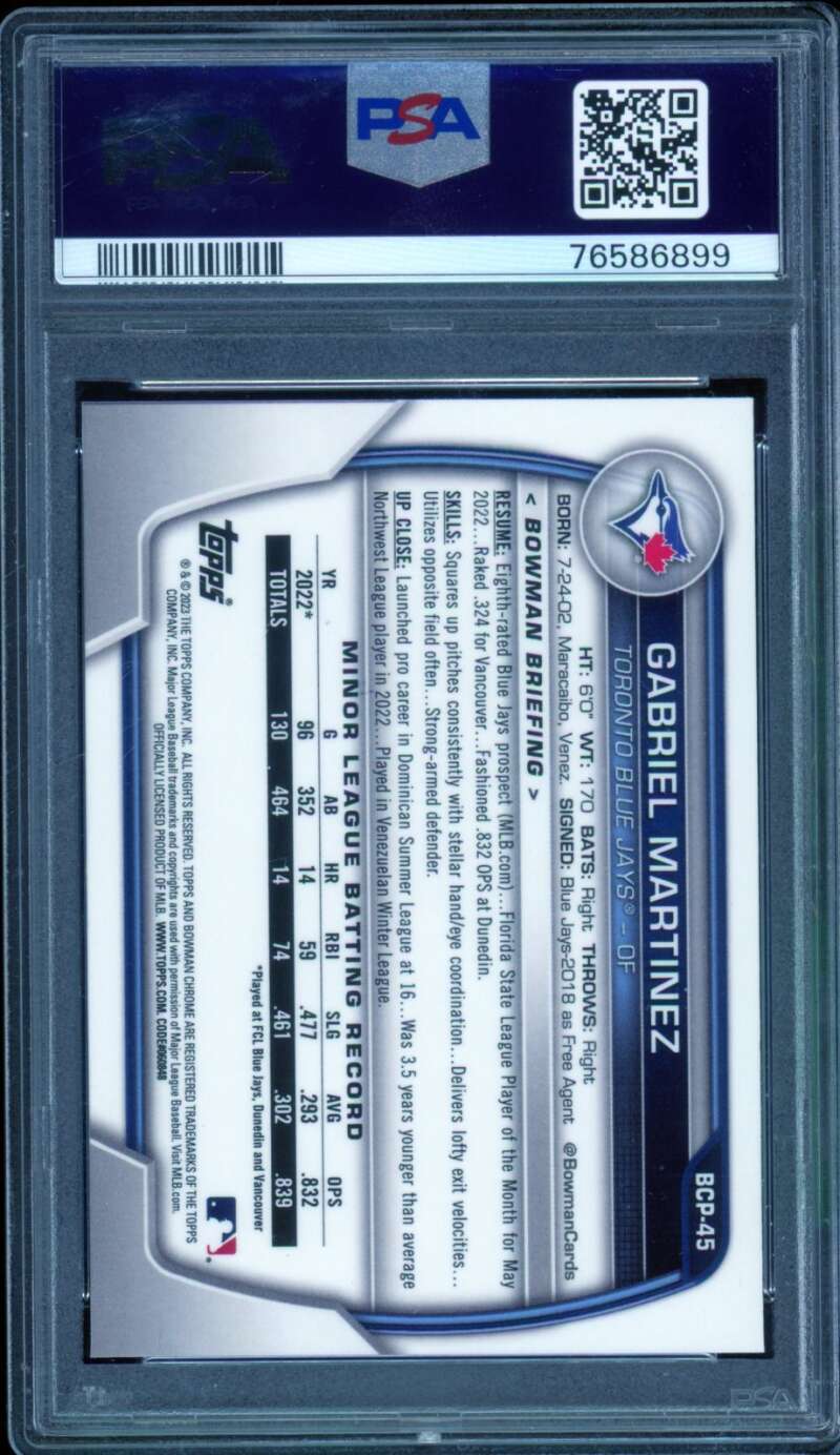 Gabriel Martinez Rookie Card 2023 Bowman Sapphire Chrome Prospects #BCP45 PSA 10 Image 2