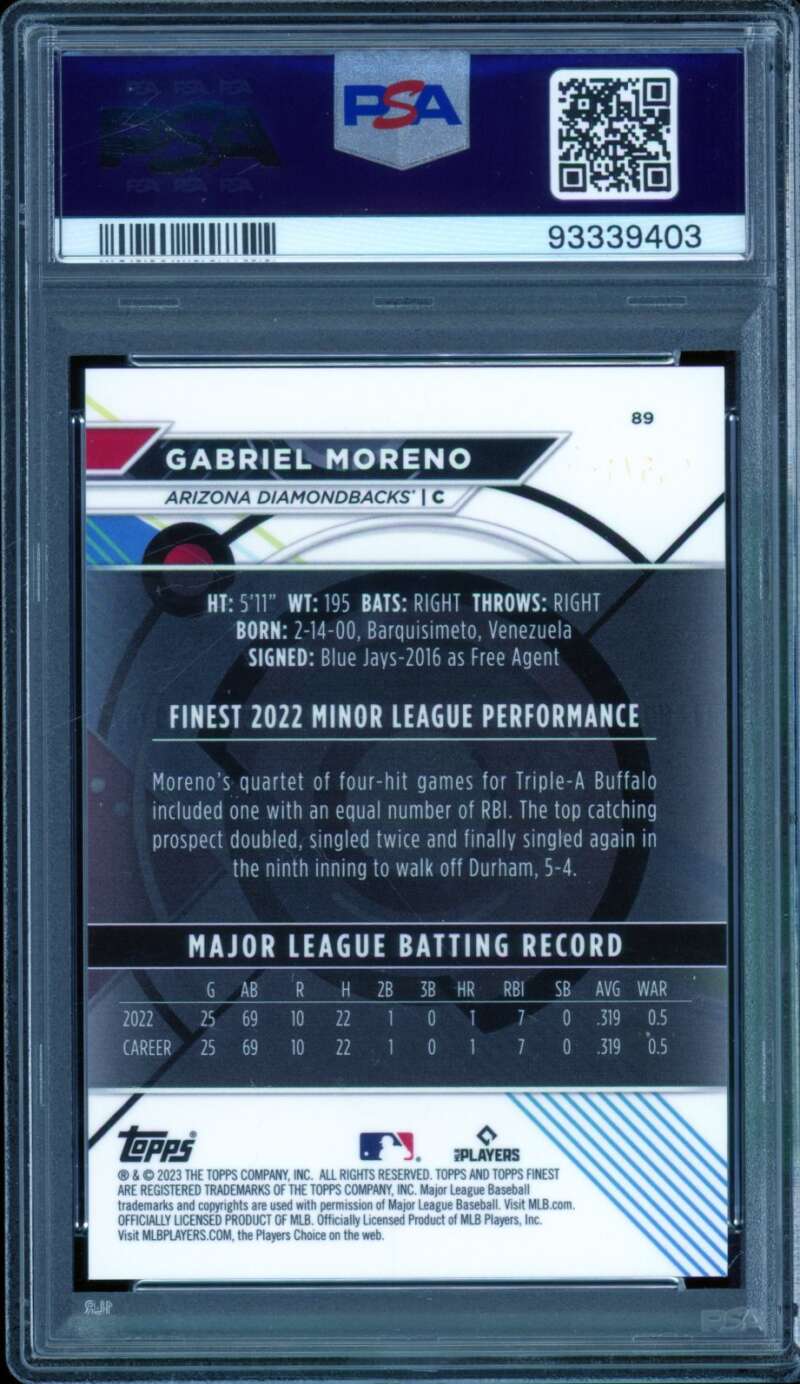 Gabriel Moreno Rookie Card 2023 Finest Blue #89 PSA 9 Image 2