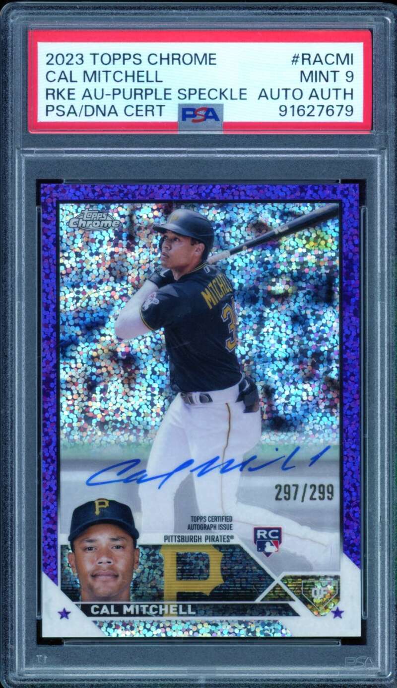 Cal Mitchell Rookie Card 2023 Topps Chrome AU Purple Speckle Auto #Racmi PSA 9 Image 1