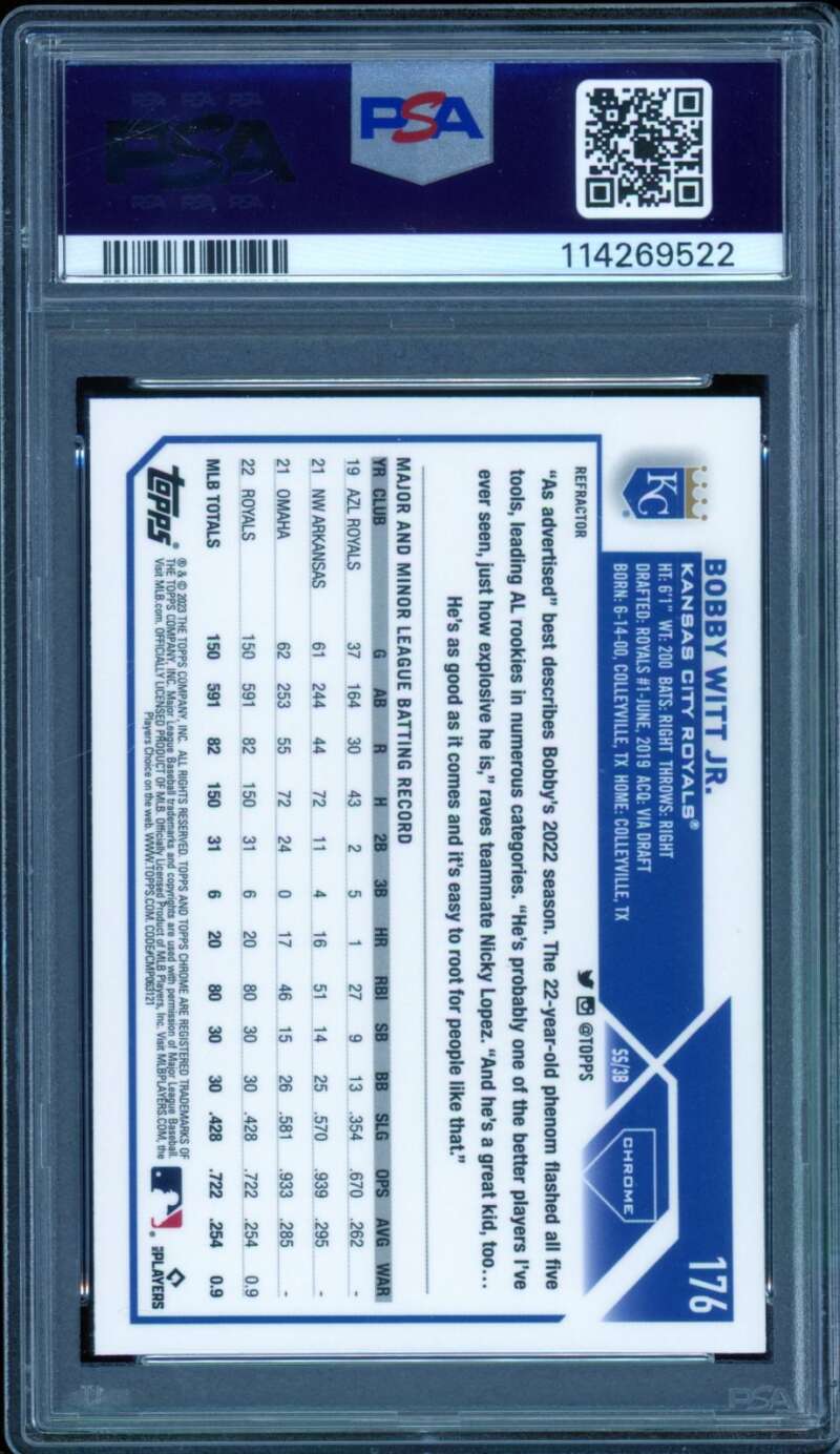 Bobby Witt Jr. Rookie Card 2023 Topps Chrome Refractor #176 PSA 10 Image 2