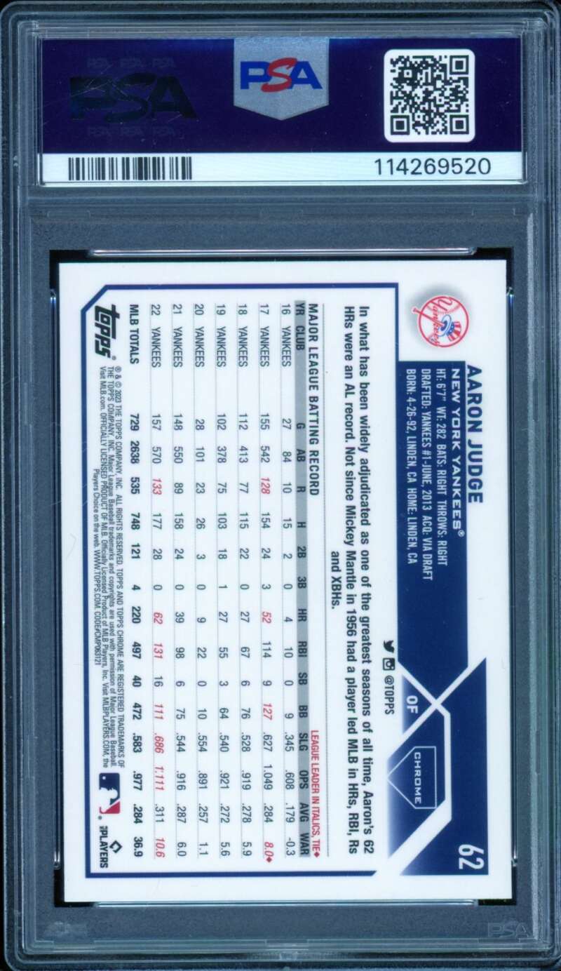 Aaron Judge Card 2023 Topps Chrome Sepia Refractor #62 PSA 9 Image 2