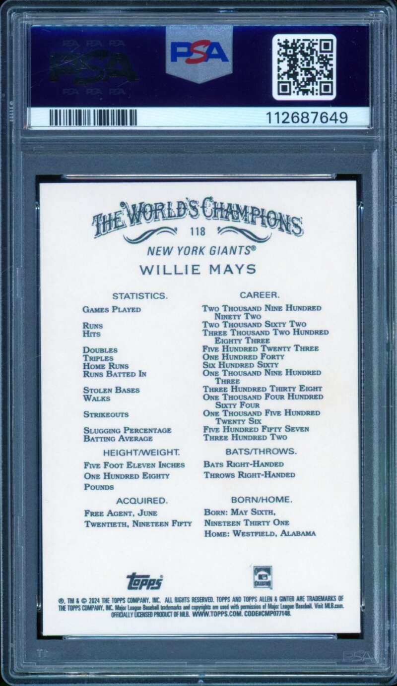 Willie Mays Card 2024 Allen Ginter (pop 1) #118 PSA 9 Image 2