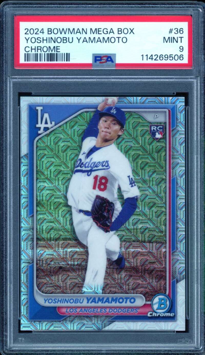 Yoshinobu Yamamoto Card 2024 Bowman Mega Box Chrome #36 PSA 9 Image 1