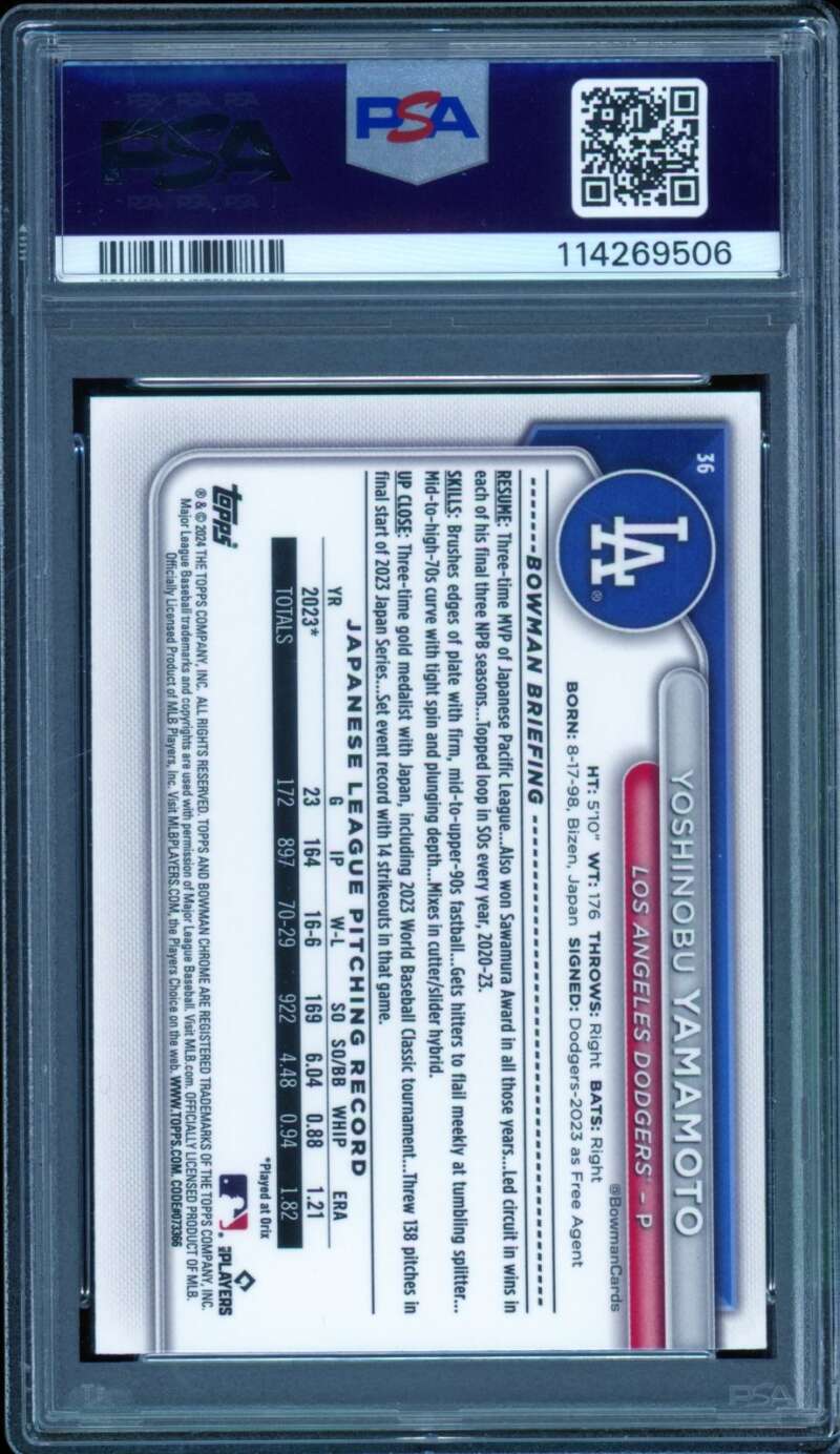 Yoshinobu Yamamoto Card 2024 Bowman Mega Box Chrome #36 PSA 9 Image 2