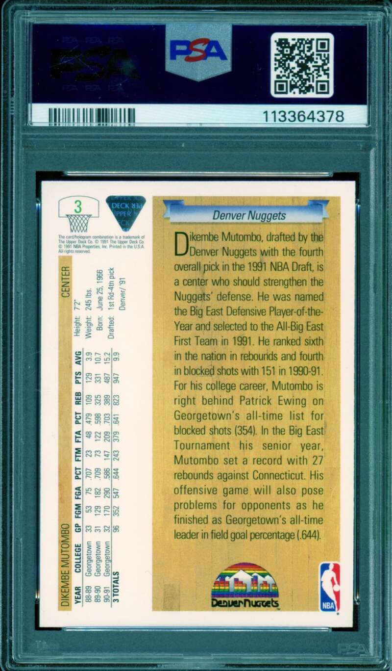 Dikembe Mutombo Rookie Card 1991-92 Upper Deck #3 PSA 9 Image 2