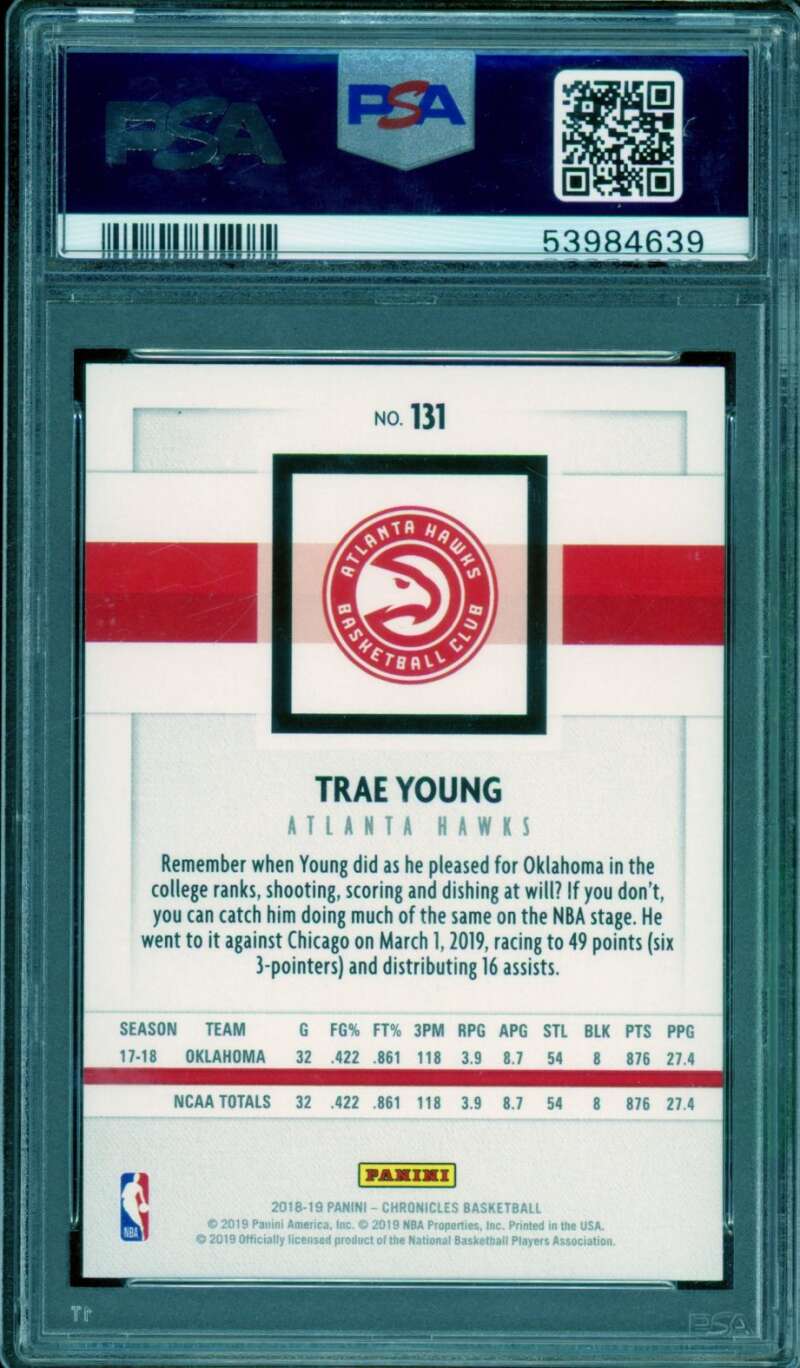 Trae Young Rookie Card 2018-19 Panini Chronicles Pink #131 PSA 9 Image 2