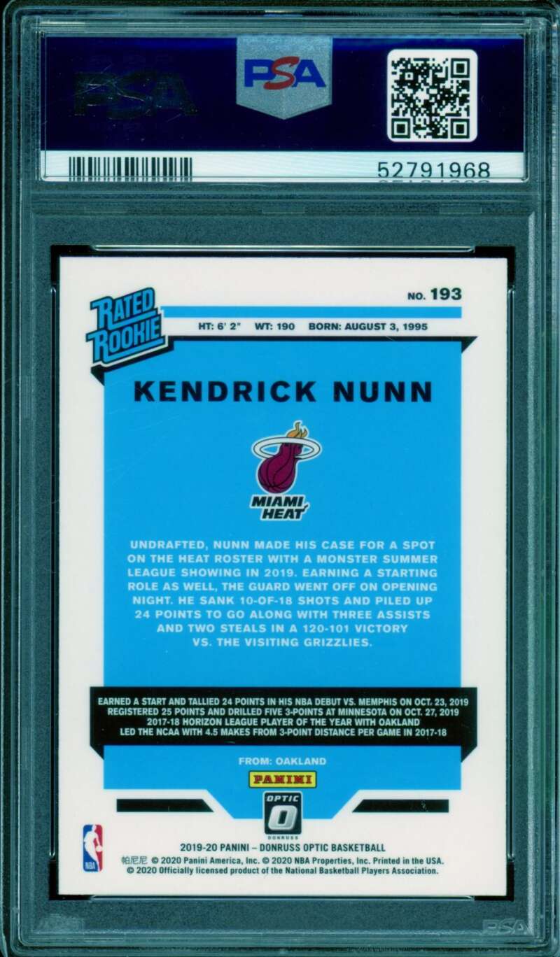 Kendrick Nunn Rookie Card 2019-20 Panini Donruss Optic #193 PSA 10 Image 2