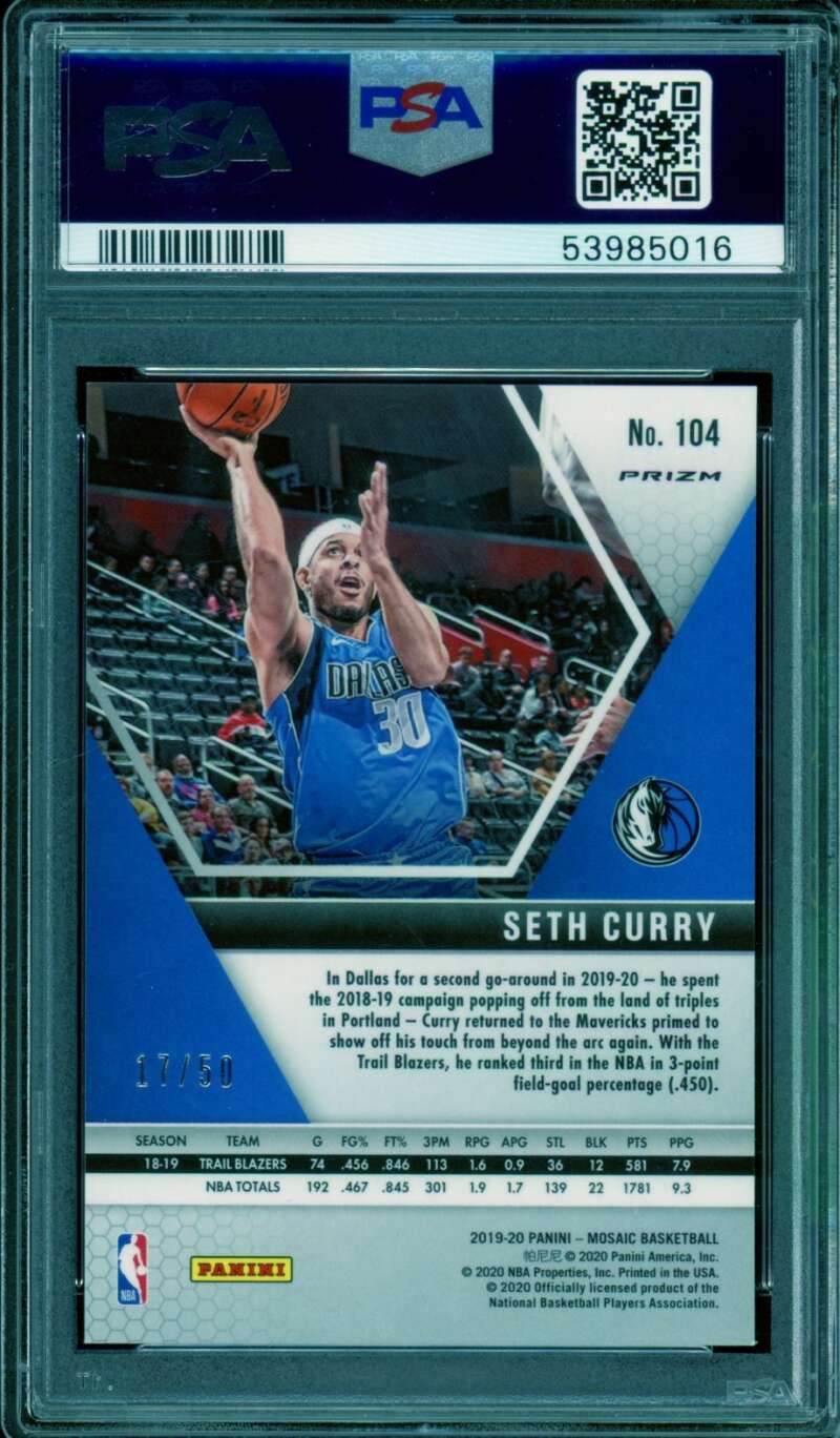 Seth Curry Card 2019-20 Panini Mosaic Fast Break Purple (17/50) #104 PSA 9 Image 2