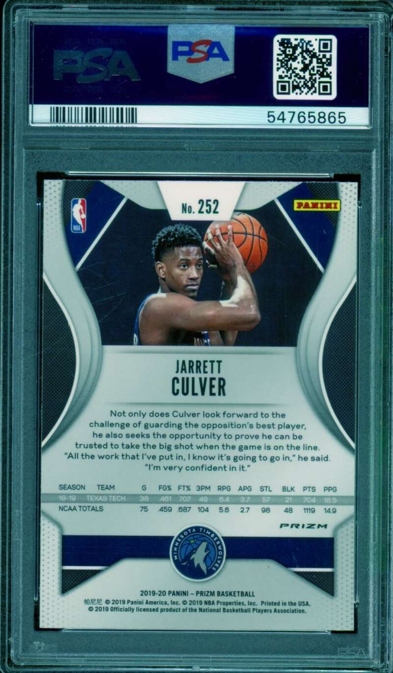 Jarrett Culver Rookie Card 2019-20 Panini Silver Prizm #252 PSA 10 Image 2