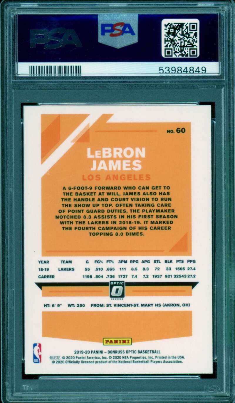 LeBron James Card 2019-20 Panini Donruss Optic #60 PSA 9 Image 2