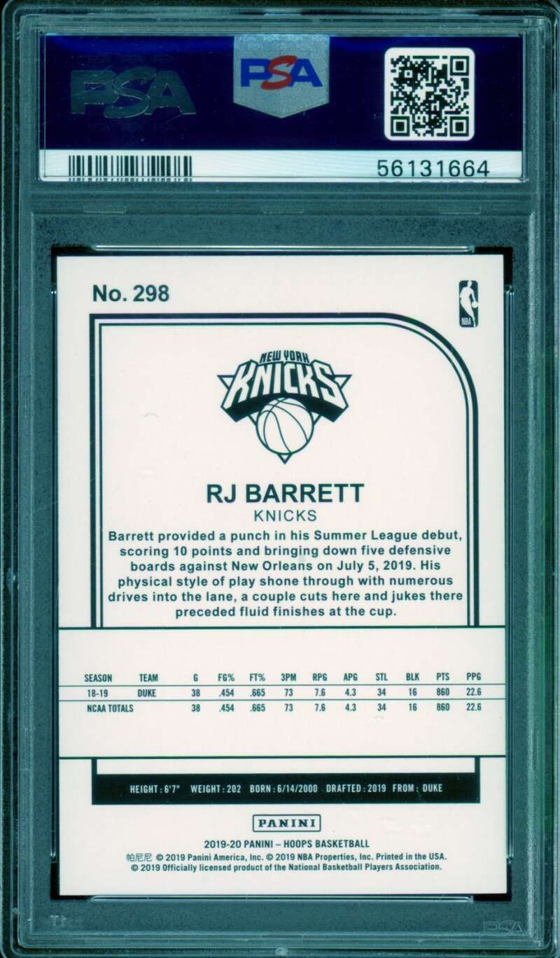 RJ Barrett Rookie Card 2019-20 Panini Hoops #298 PSA 10 Image 2