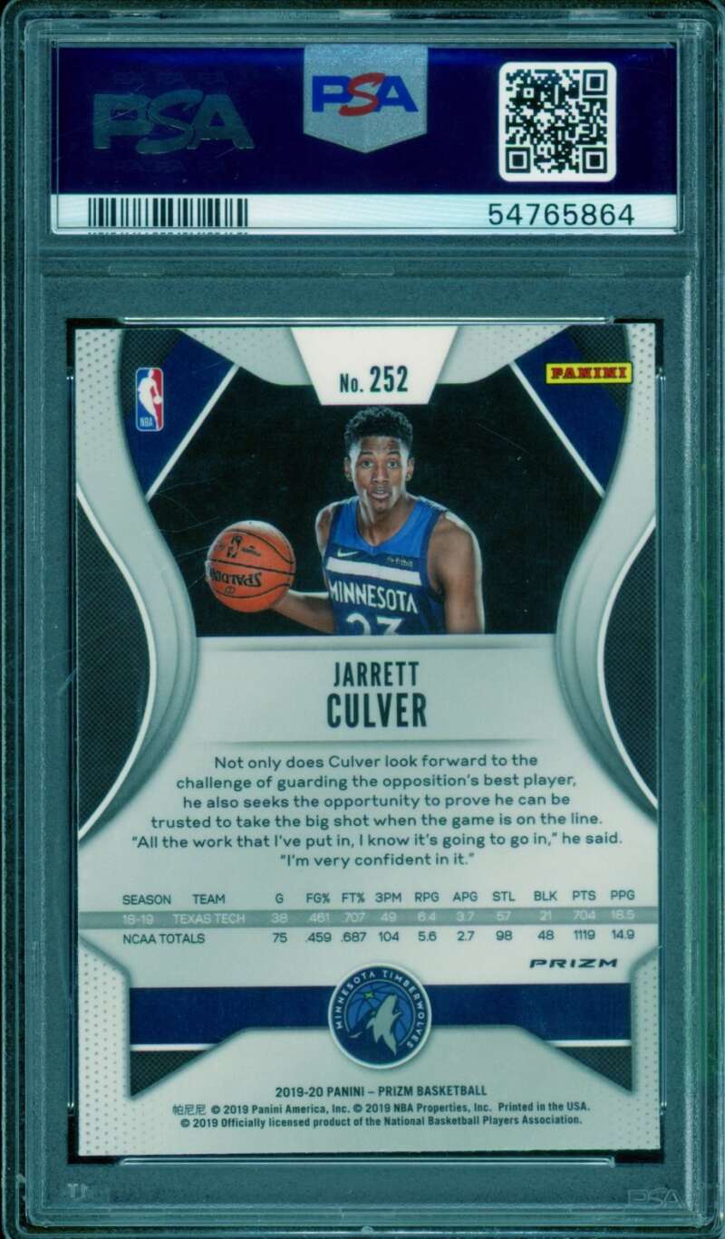 Jarrett Culver Rookie Card 2019-20 Panini Prizm Fast Break #252 PSA 10 Image 2
