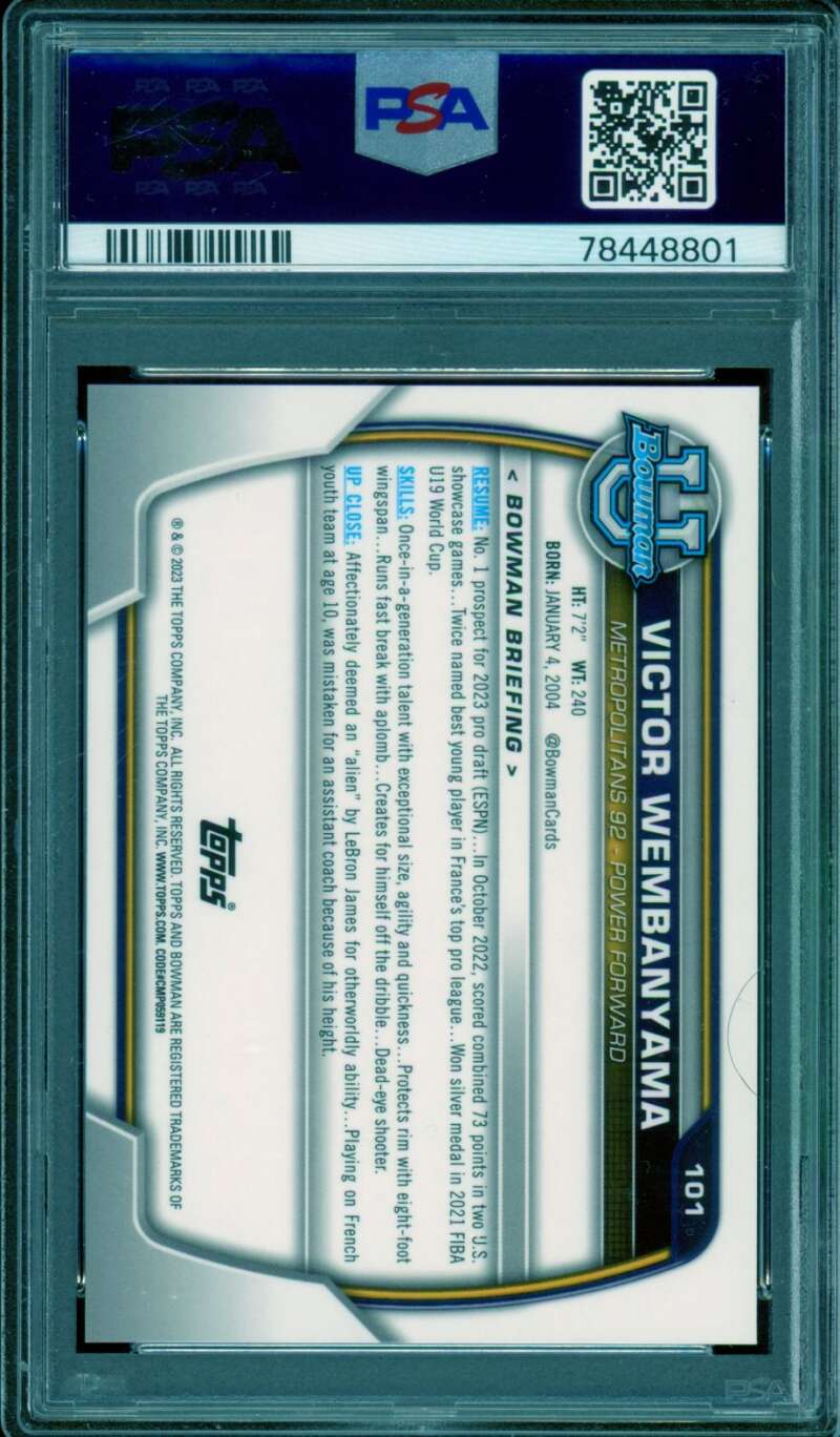 Victor Wembanyama Rookie Card 2022 Bowman University #101 PSA 10 Image 2