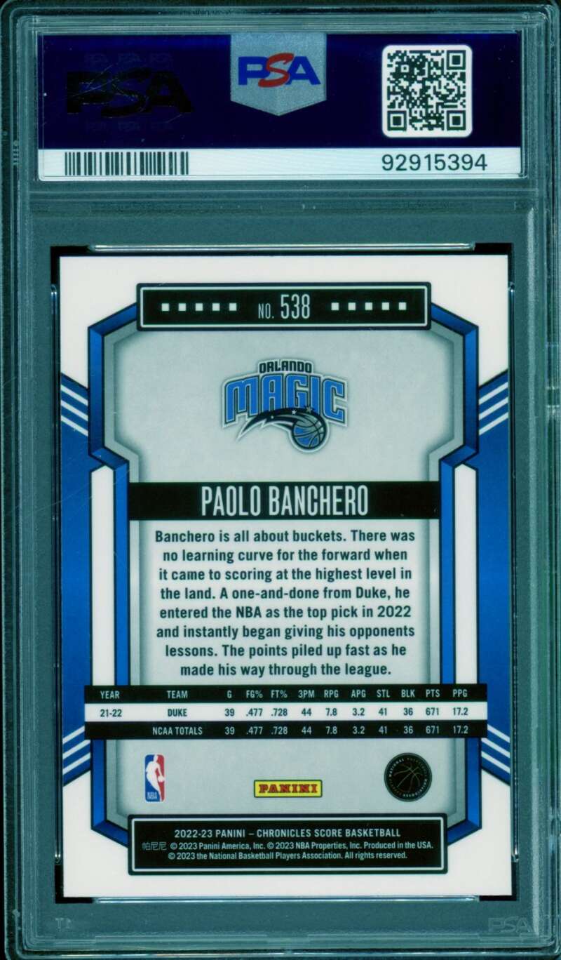 Paolo Banchero Rookie Card 2022-23 Chronicles #538 PSA 9 Image 2