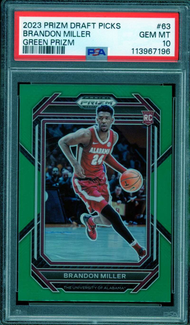 Brandon Miller Rookie Card 2023-24 Prizm Draft Picks Green #63 PSA 10 Image 1