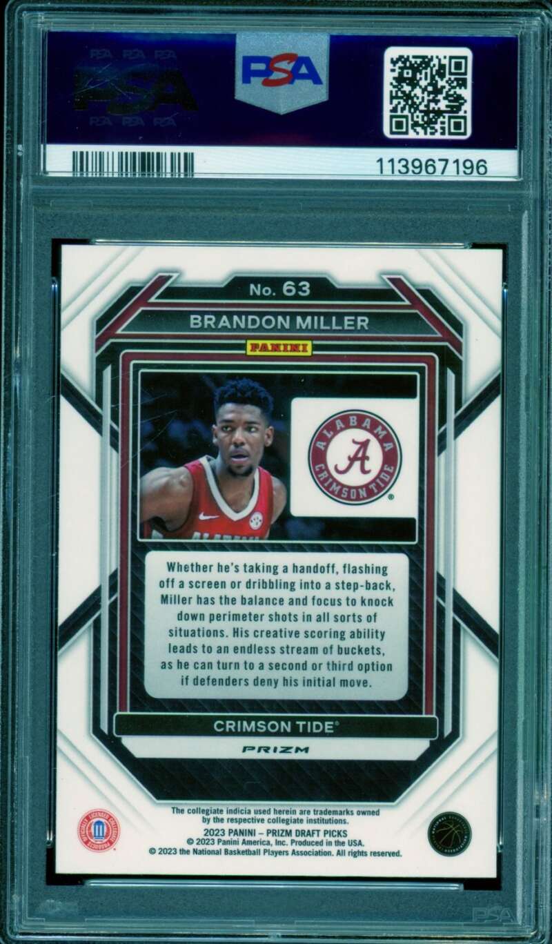 Brandon Miller Rookie Card 2023-24 Prizm Draft Picks Green #63 PSA 10 Image 2