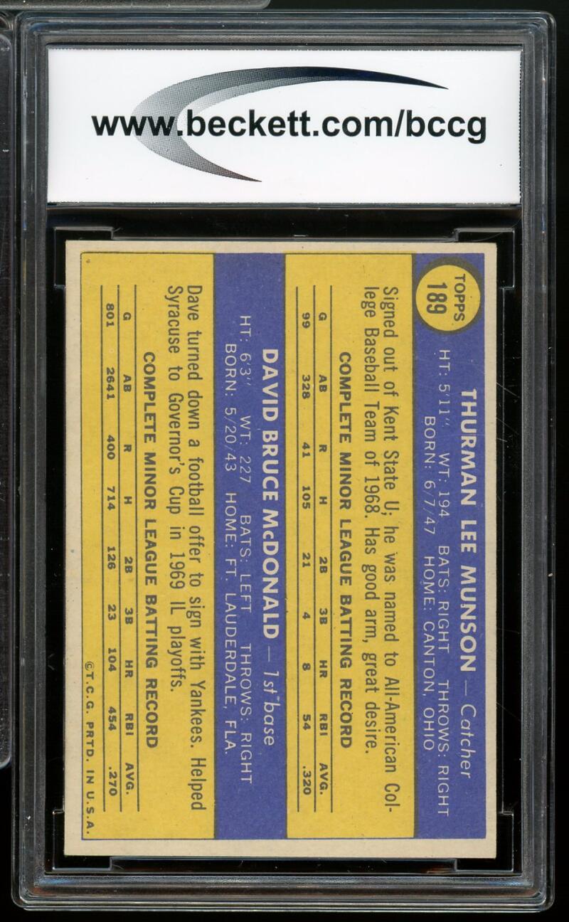 1970 Topps #189 Thurman Munson Rookie Card BGS BCCG 8 Excellent+ Image 2