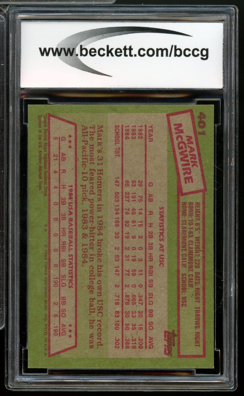 1985 Topps #401 Mark McGwire Rookie Card BGS BCCG 9 Near Mint+ Image 2