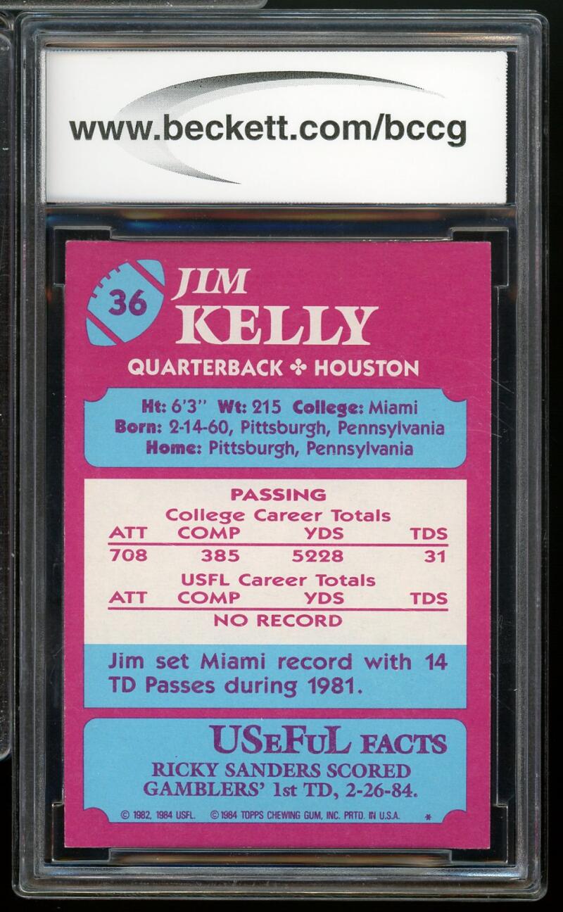 1984 Topps USFL #36 Jim Kelly Rookie Card BGS BCCG 10 Mint+ Image 2