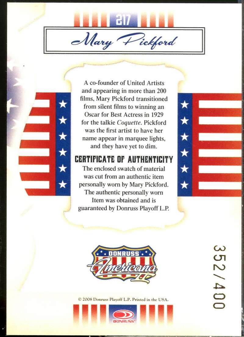 Mary Pickford Card 2008 Americana II Stars Material /400 #217  Image 2