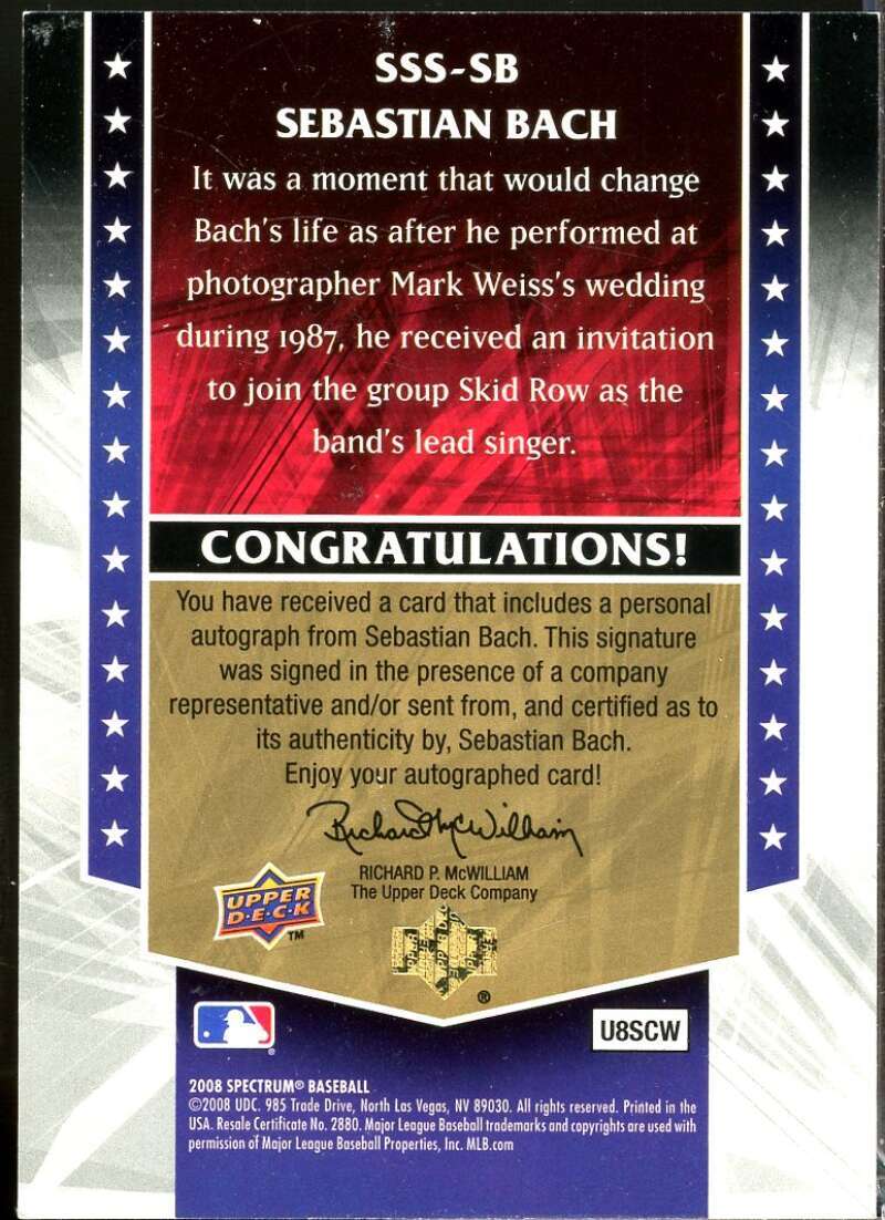 Sebastian Bach Card 2008 Upper Deck Spectrum Spectrum of Stars Autograph #SB  Image 2