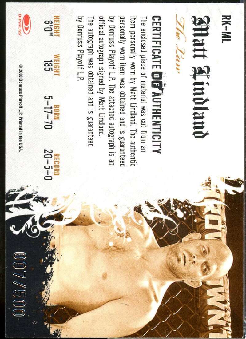 Matt Lindland Card 2008 Americana II Ring Kings Signature Material /500 #ML  Image 2