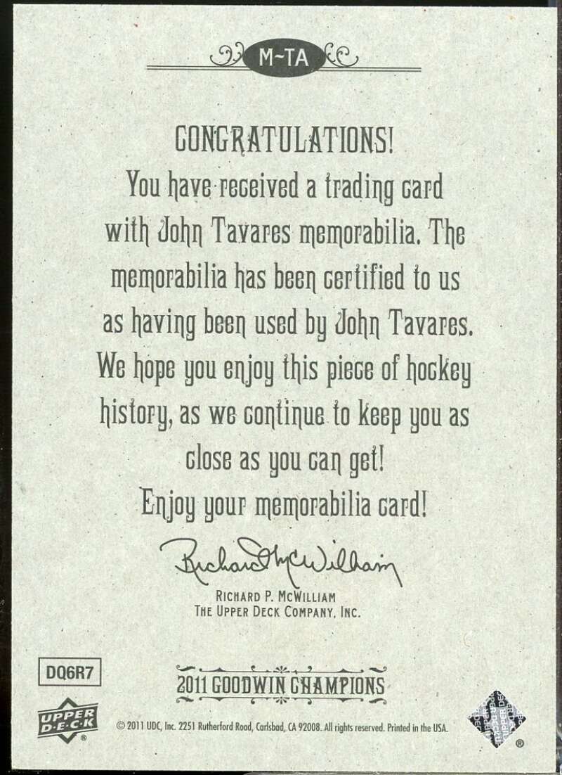 John Tavares Card 2011 Upper Deck Goodwin Champions Memorabilia #TA  Image 2