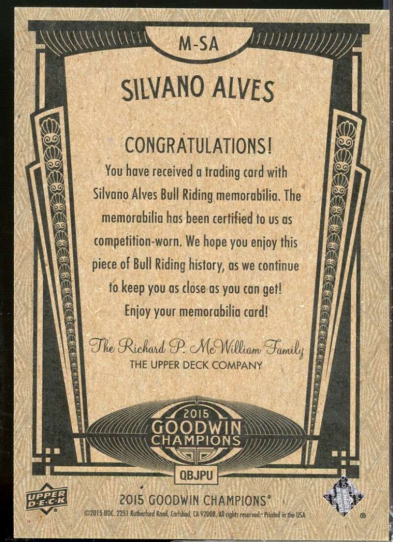 Silvano Alves Card 2015 Upper Deck Goodwin Champions Memorabilia Shirt #MSA  Image 2
