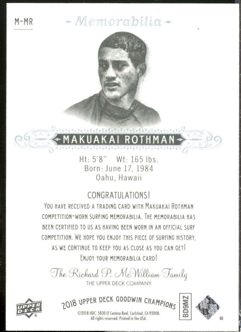 Makuakai Rothman Card 2018 Upper Deck Goodwin Champions Memorabilia #MMR  Image 2