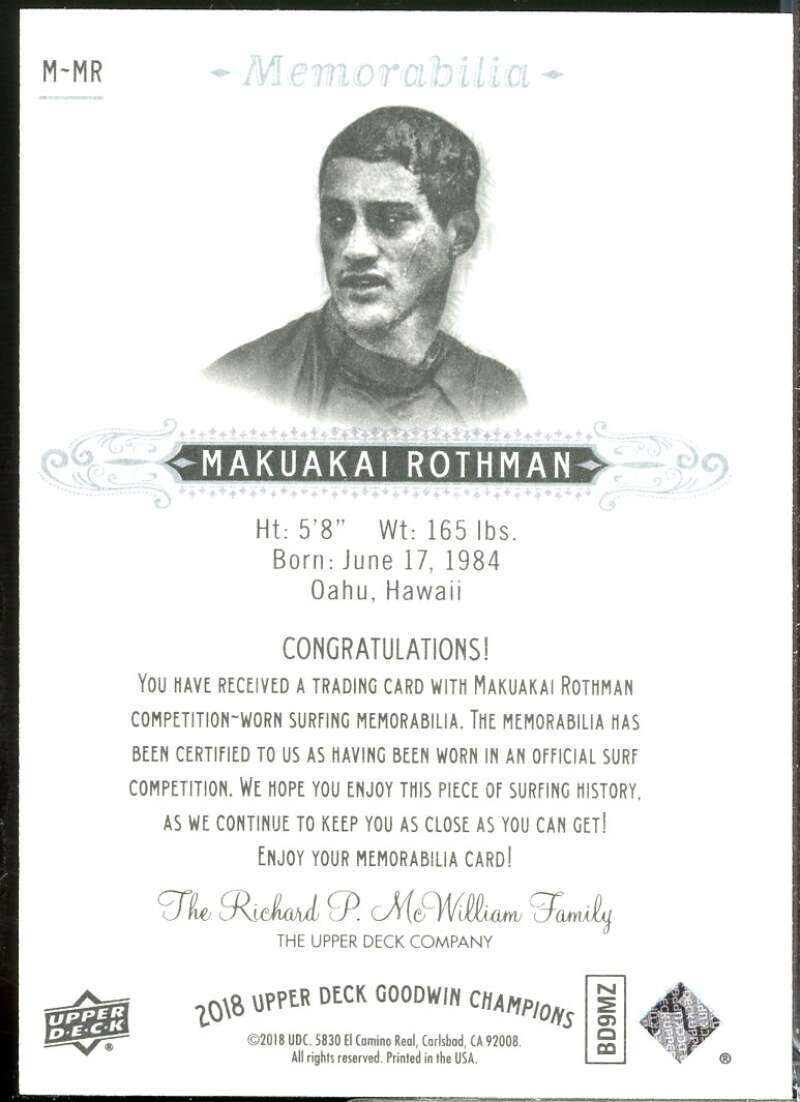 Makuakai Rothman Card 2018 Upper Deck Goodwin Champions Memorabilia #MMR  Image 2
