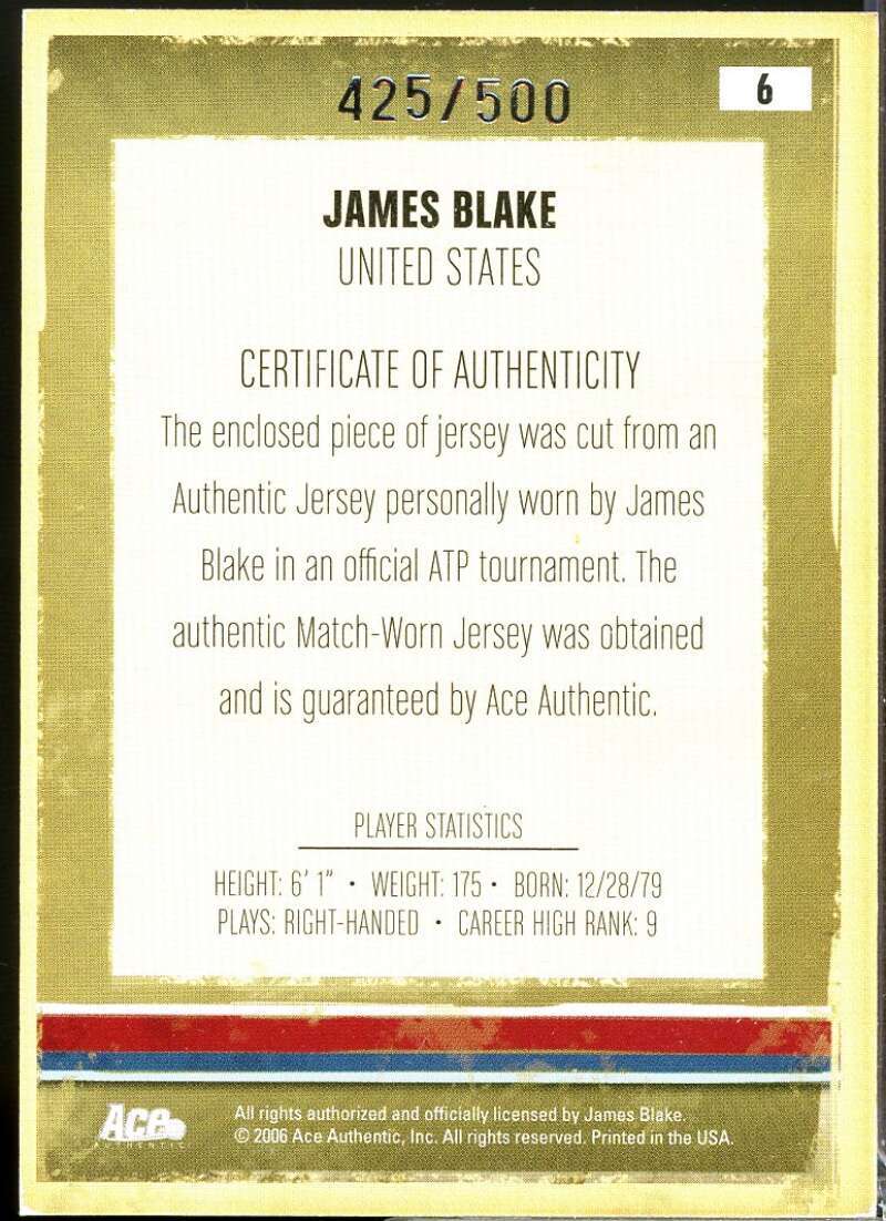 James Blake Card 2006 Ace Authentic Heroes and Legends Material /500 #6  Image 2