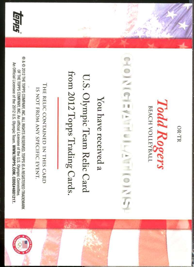 Todd Rogers Card 2012 Topps U.S. Olympic Team Relics #ORTR  Image 2