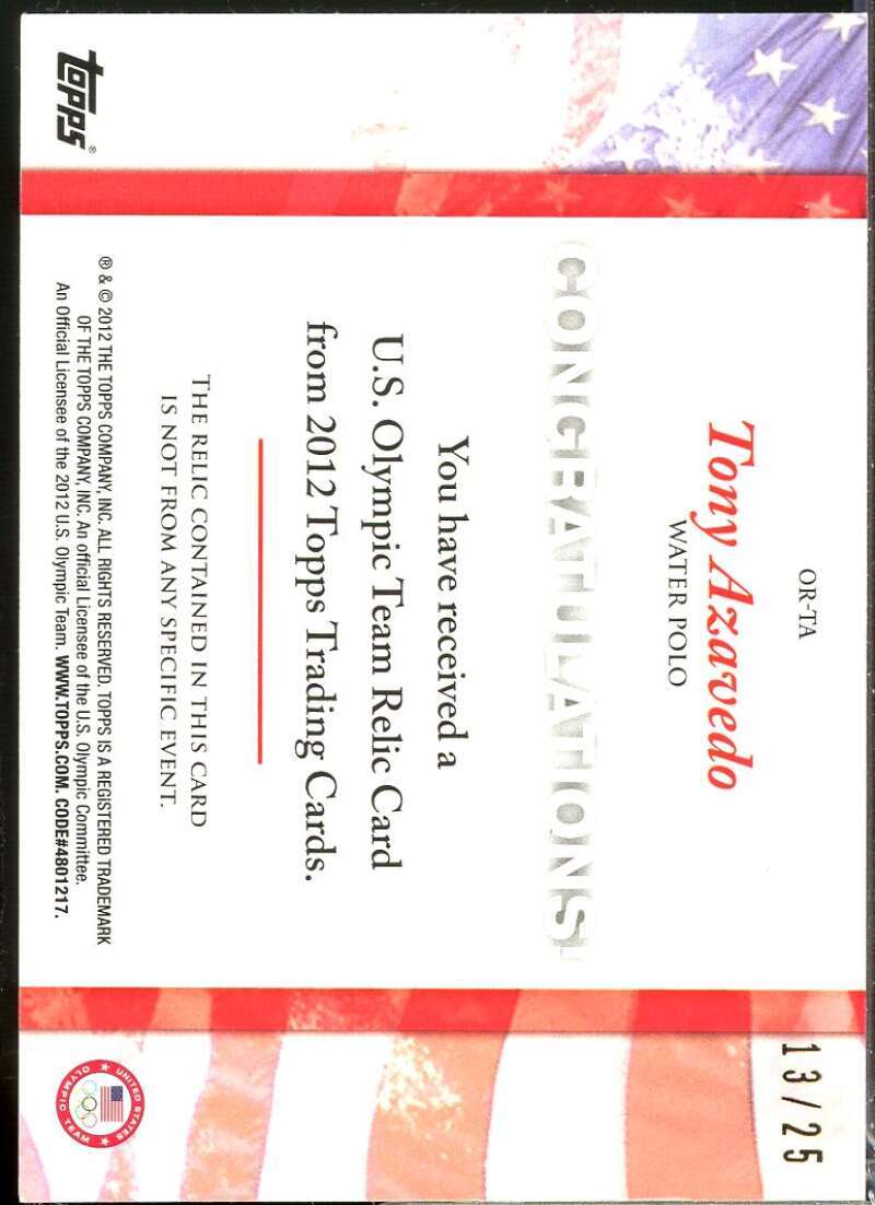 Tony Azavedo Card 2012 Topps U.S. Olympic Team Relics Gold /25 #ORTA  Image 2