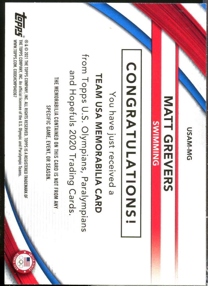 Matt Grevers 2021 Topps U.S. Olympic Team Team USA Memorabilia Pieces #USAMMG  Image 2