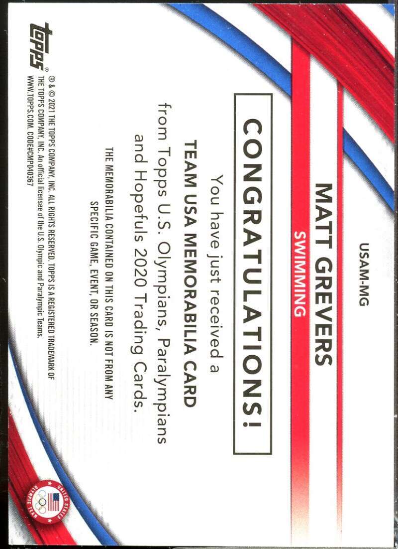 Matt Grevers 2021 Topps U.S. Olympic Team Team USA Memorabilia Pieces #USAMMG  Image 2
