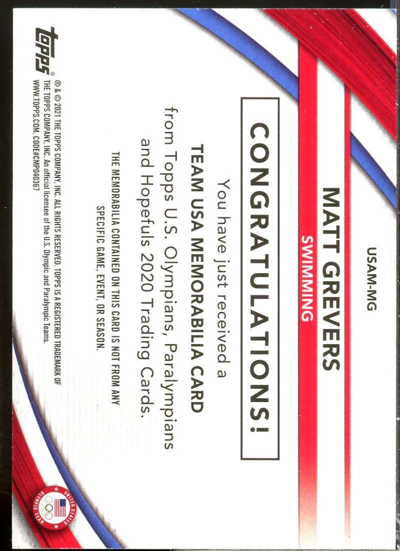 Matt Grevers 2021 Topps U.S. Olympic Team Team USA Memorabilia Pieces #USAMMG  Image 2