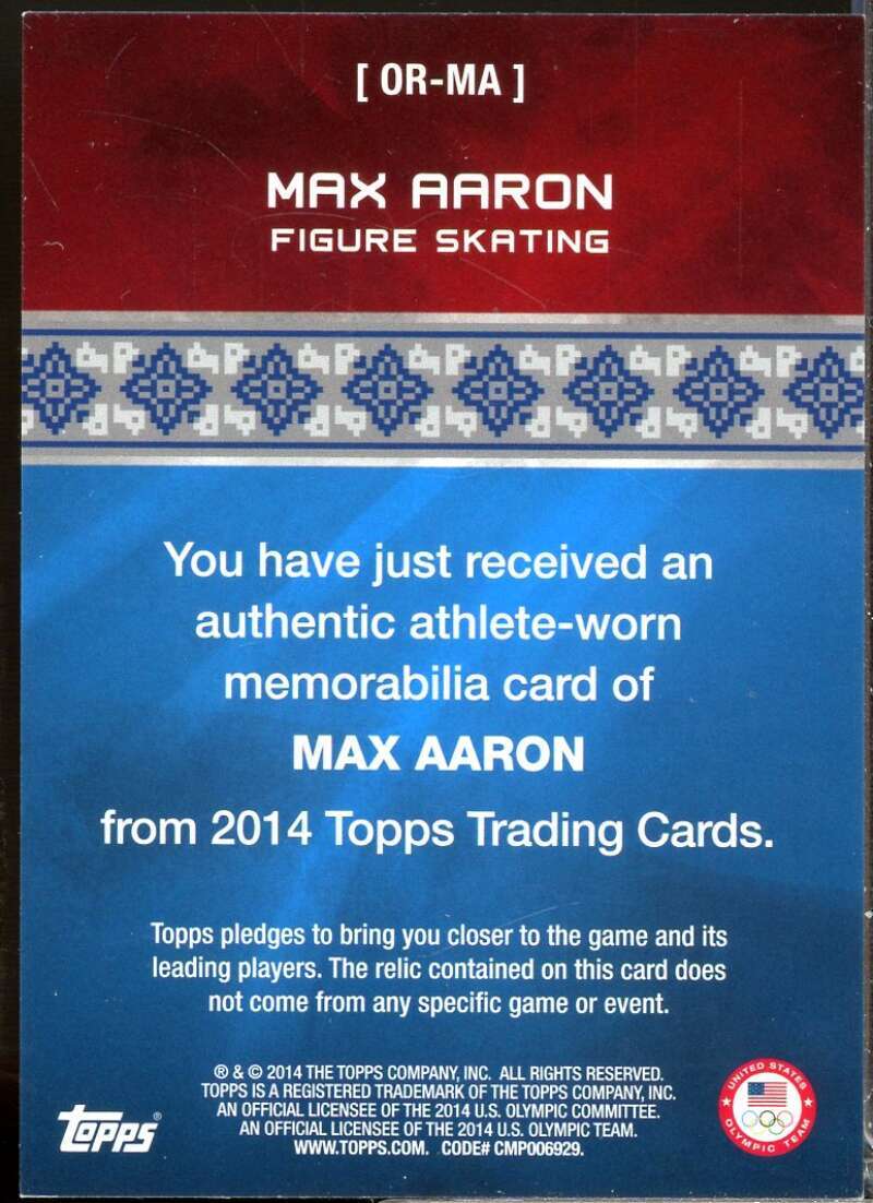 Max Aaron Card 2014 Topps U.S. Olympic Team Relics #ORMA  Image 2