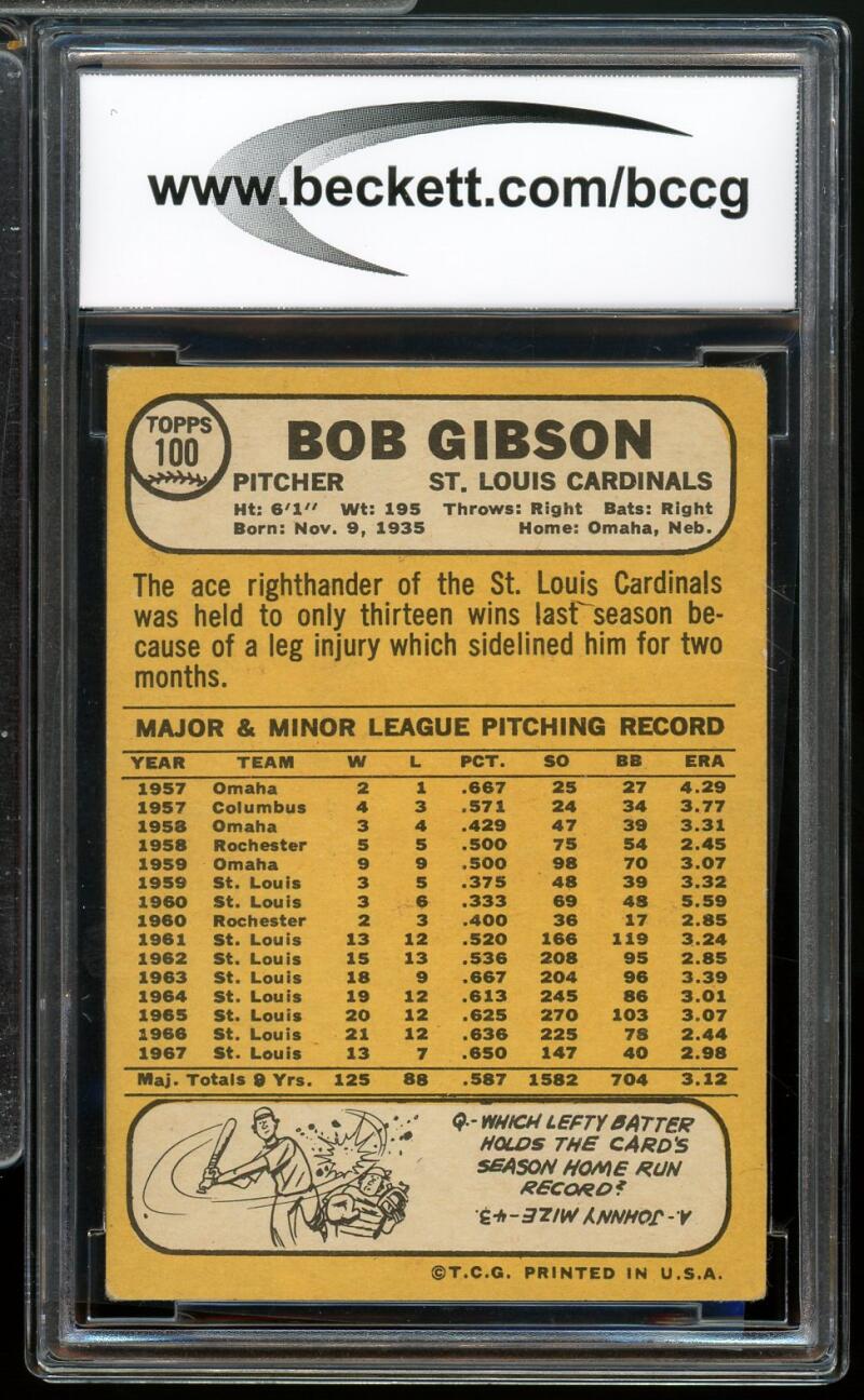 1968 Topps #100 Bob Gibson Card BGS BCCG 7 Very Good+ Image 2