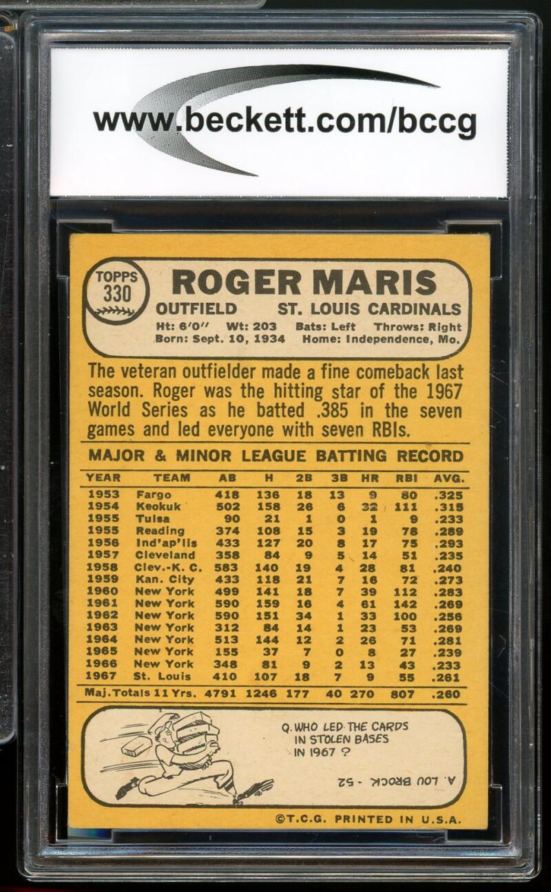 1968 Topps #330 Roger Maris Card BGS BCCG 8 Excellent+ Image 2