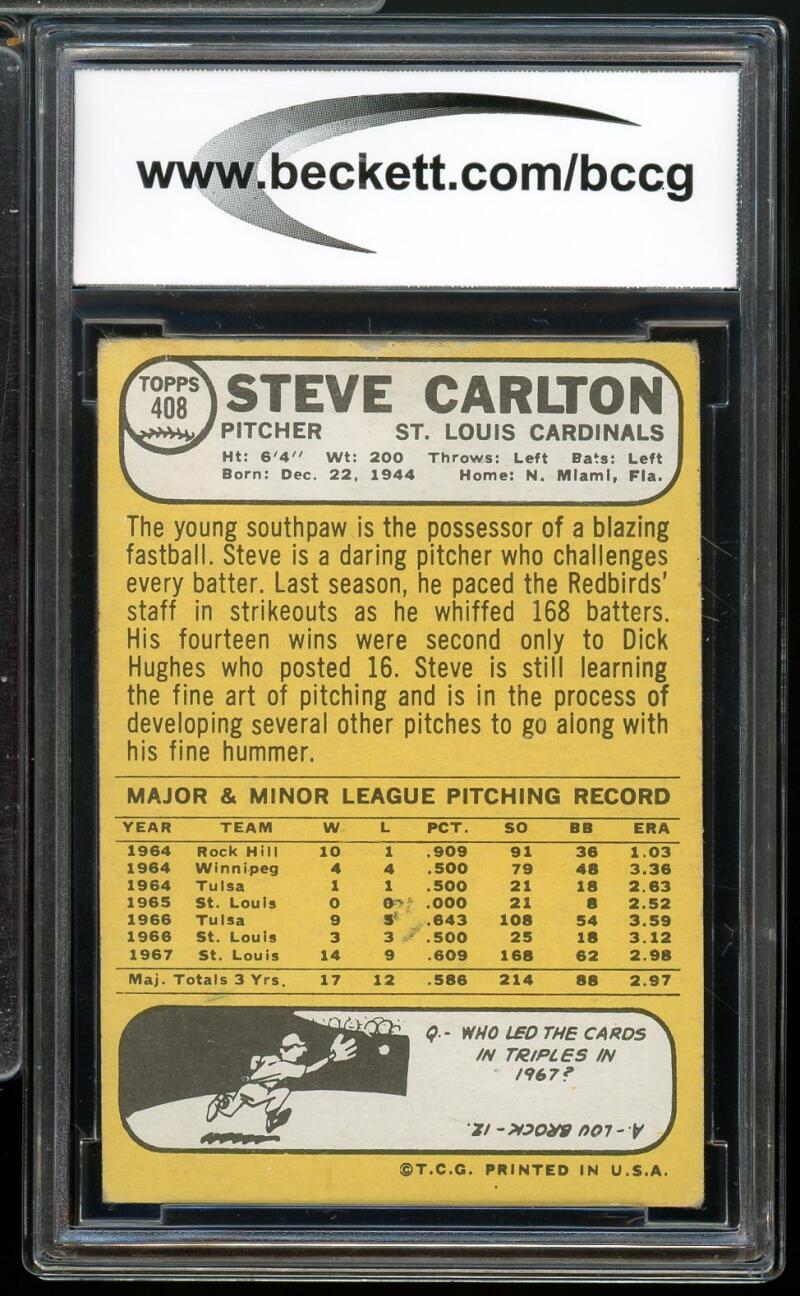 1968 Topps #408 Steve Carlton Card BGS BCCG 7 Very Good+ Image 2
