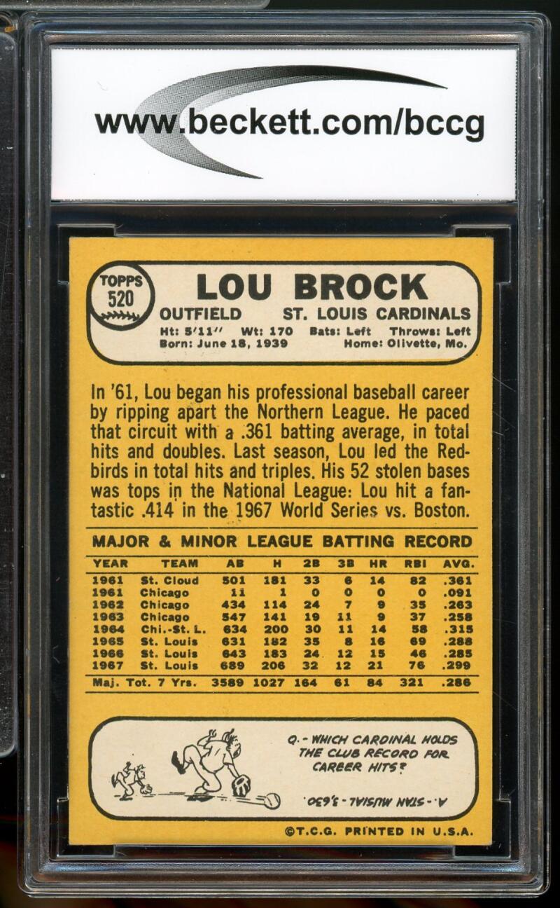 1968 Topps #520 Lou Brock Card BGS BCCG 8 Excellent+ Image 2