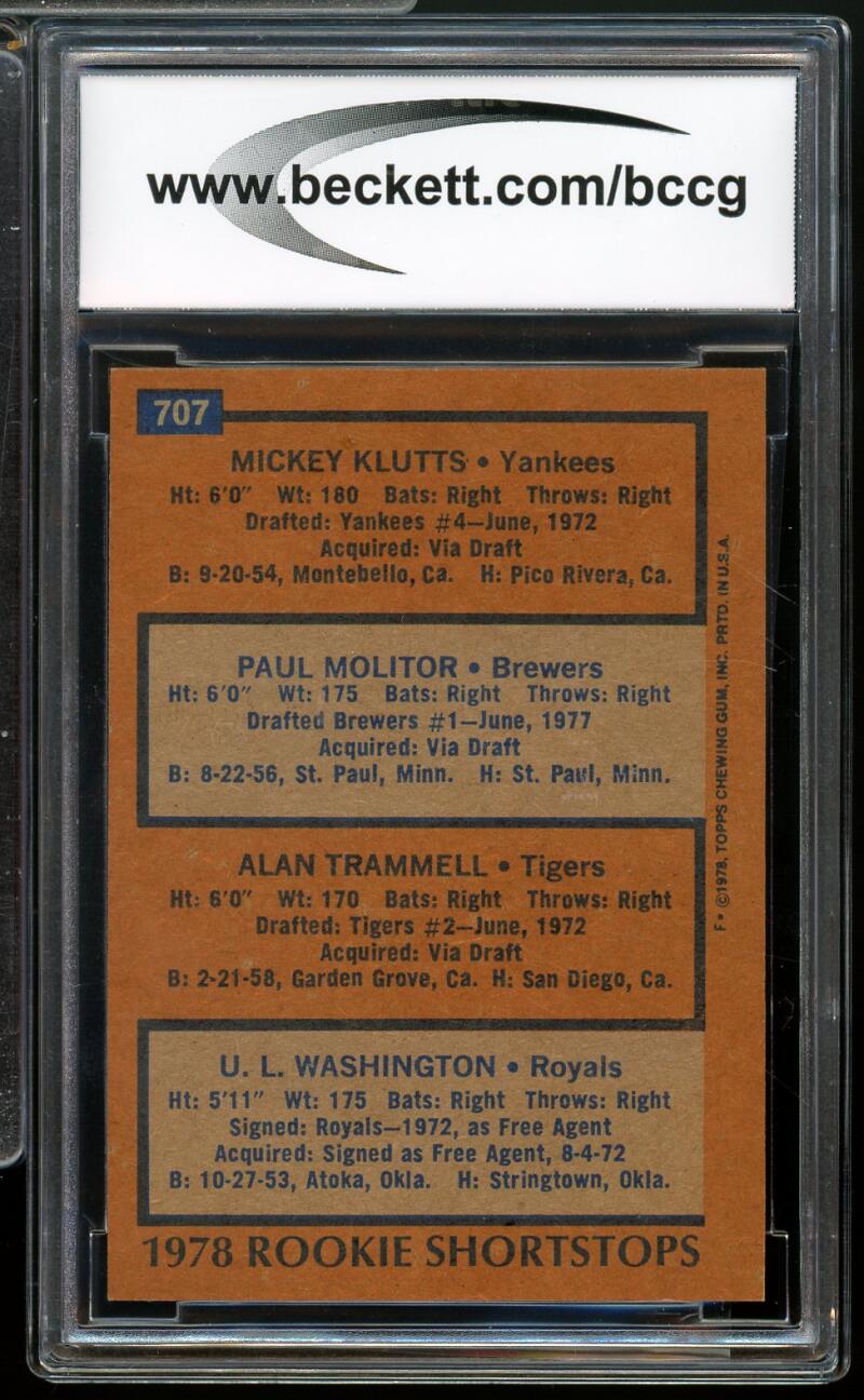 1978 Topps #707 Paul Molitor / Alan Trammell Rookie Card BGS BCCG 7 Very Good+ Image 2