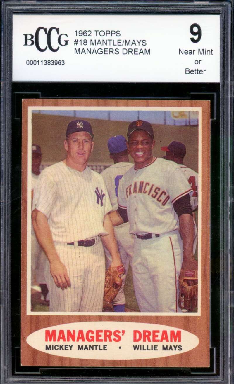 1962 Topps #18 Willie Mays / Mickey Mantle Managers Dream BGS BCCG 9 Near Mint+ Image 1