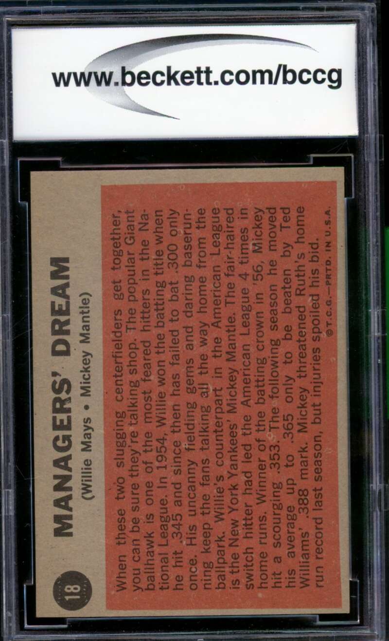 1962 Topps #18 Willie Mays / Mickey Mantle Managers Dream BGS BCCG 9 Near Mint+ Image 2