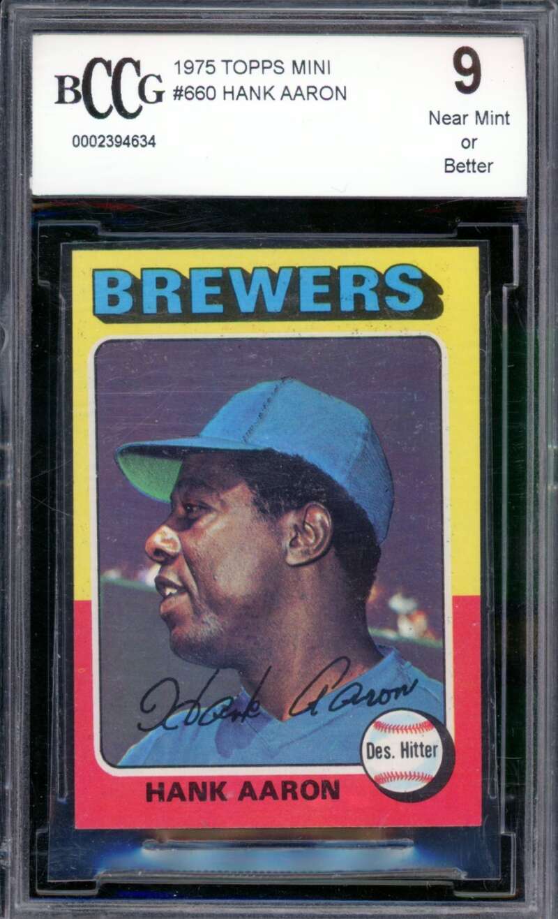 1975 Topps Mini #660 Hank Aaron Card BGS BCCG 9 Near Mint+ Image 1