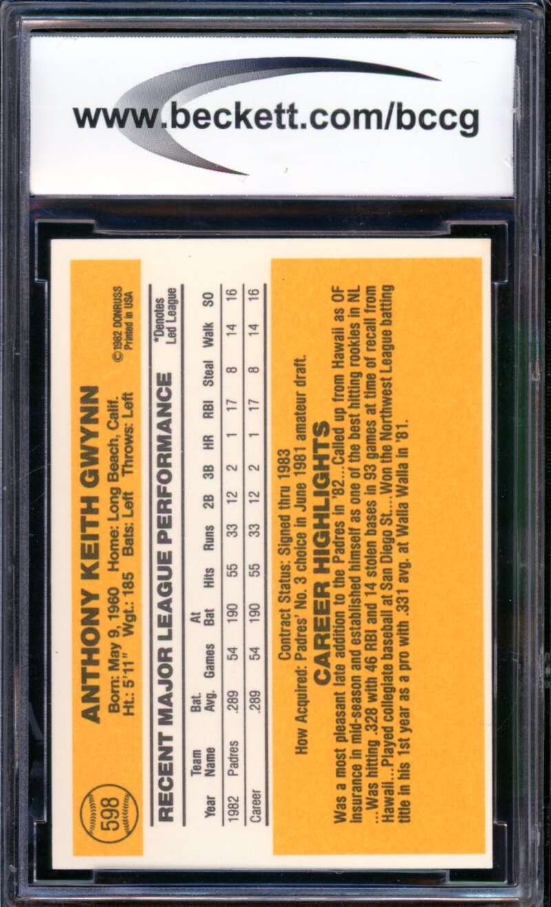 1983 Donruss #598 Tony Gwynn Rookie Card BGS BCCG 10 Mint+ Image 2