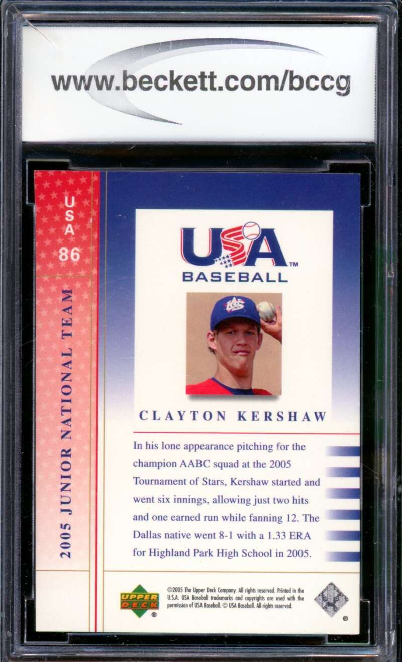 2005-06 USA National Junior Team #86 Clayton Kershaw Rookie BGS BCCG 10 Mint+ Image 2